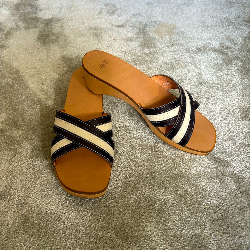 New Coach wooden sole sandals. Calf leather Navy and Off white. Size 8